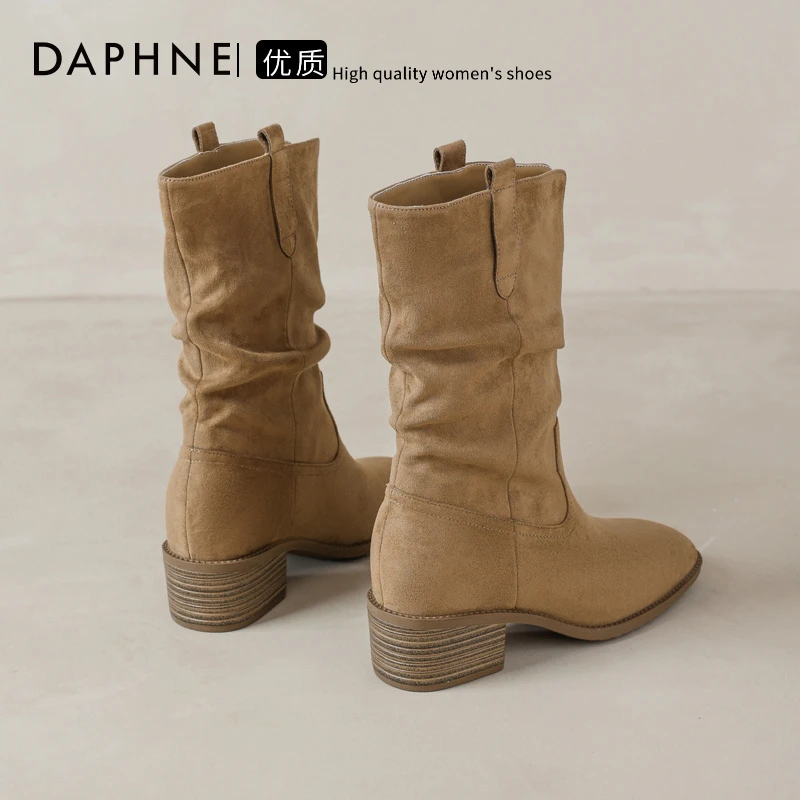 达芙妮美拉德短靴女款2025秋季新款粗跟马丁靴高跟中筒褶皱堆堆靴