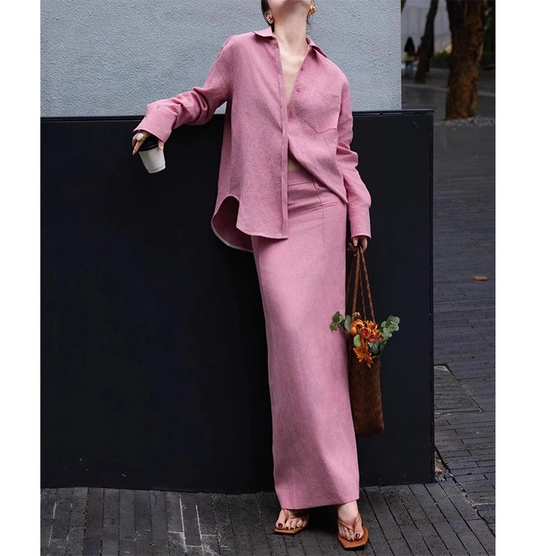 法式粉色亚麻衬衫套装女2025夏季高级感气质通勤衬衣半身裙两件套
