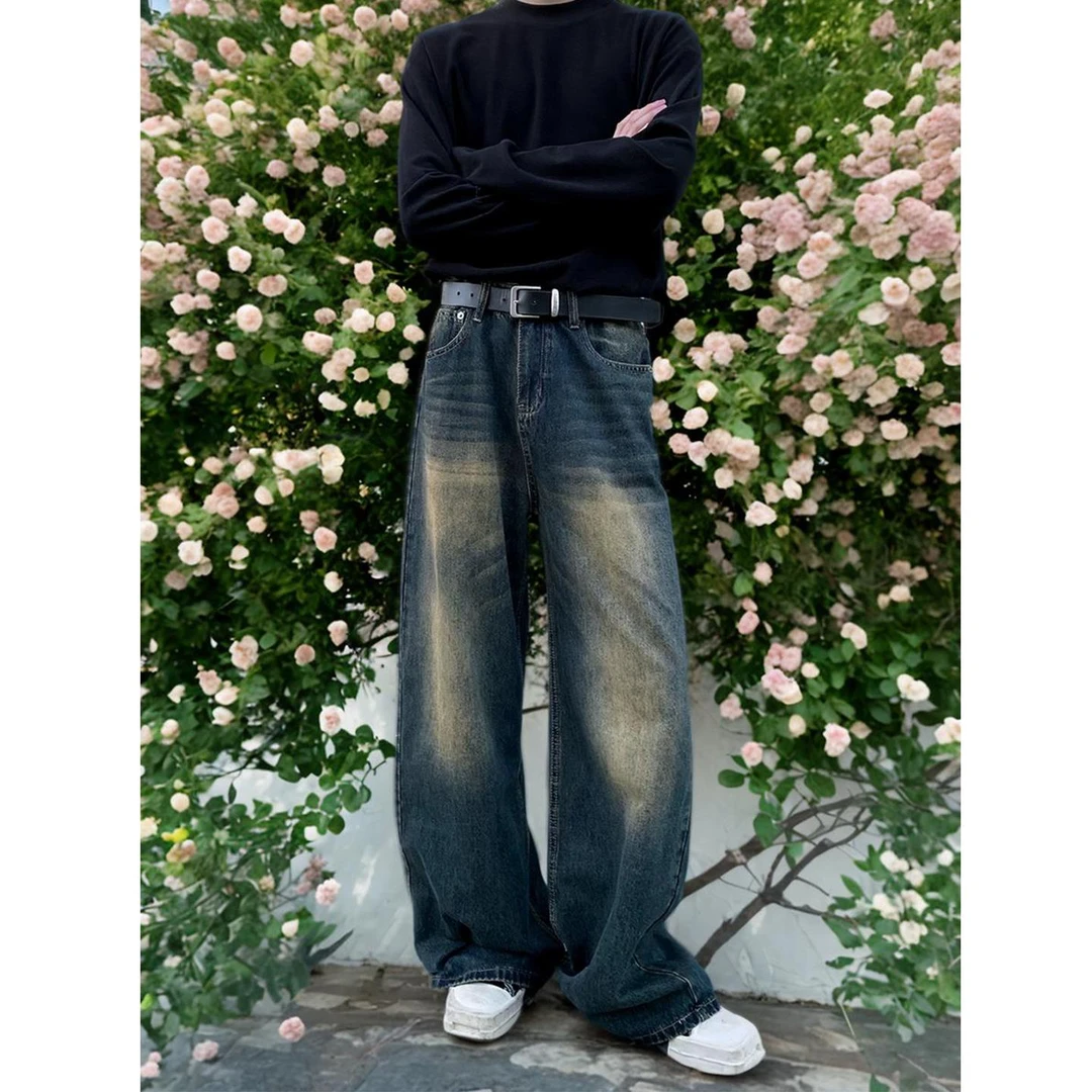 【TQUX港奢男装】美式复古水洗做旧阔腿牛仔裤男生潮牌情侣百搭垂