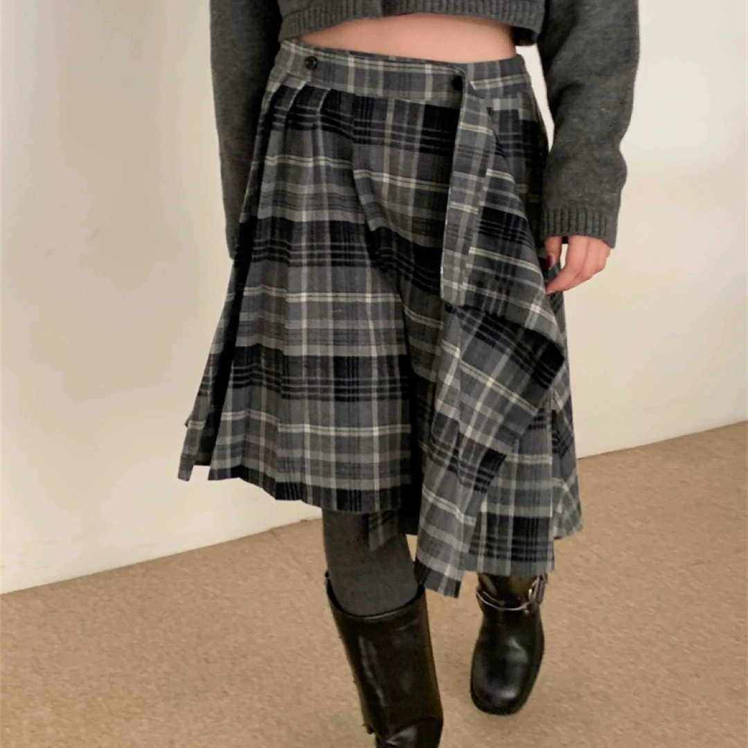 kuku早秋季复古格纹不规则可调节一片式长半身裙