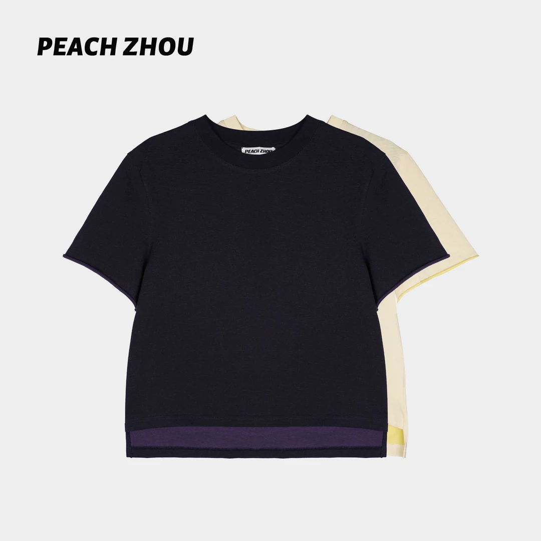 『PEACHZHOU』双色纯棉卷边前短后长宽松圆领短袖休闲慵懒内搭T恤女