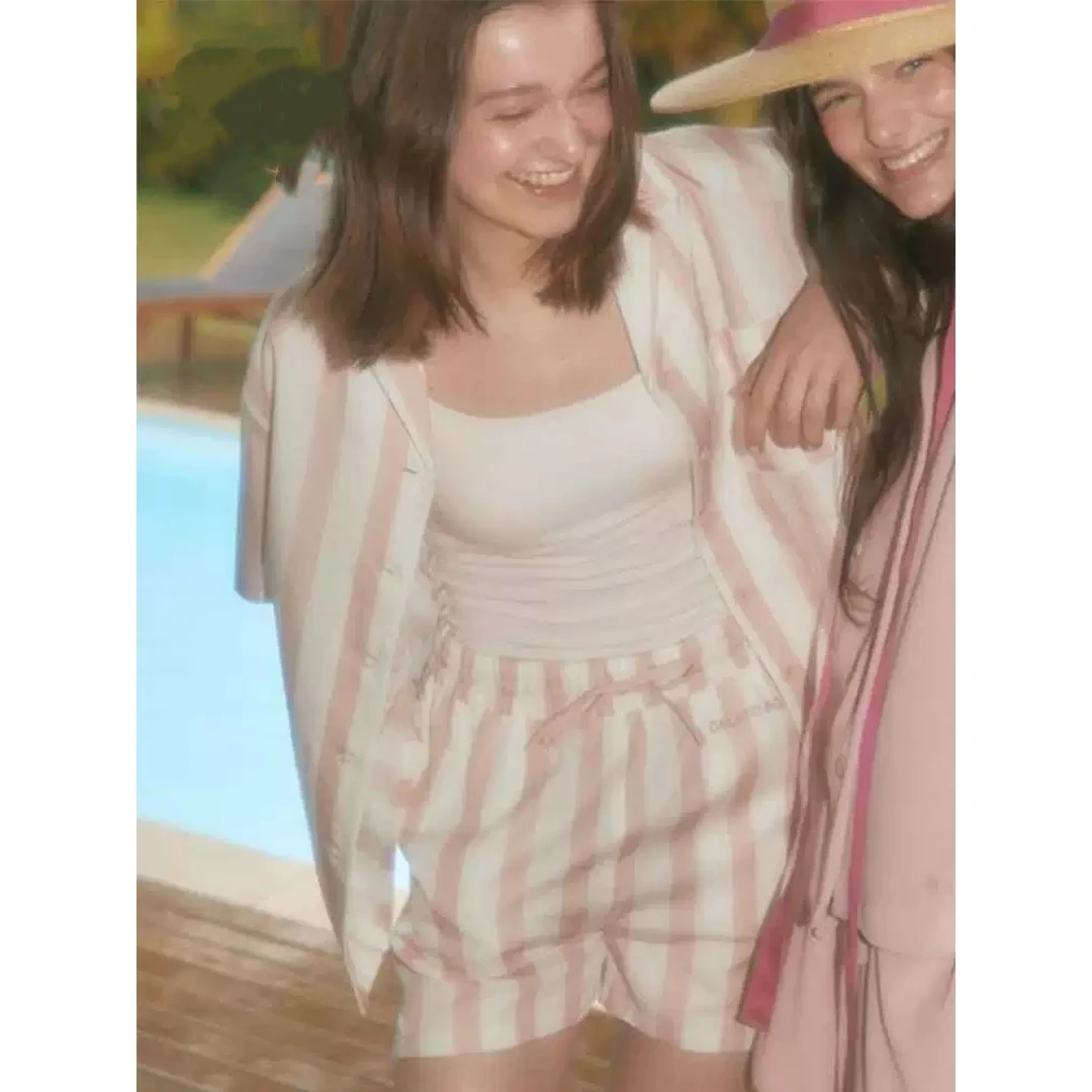 【胖虎家】夏季新款 G 夏日条纹衬衫短裤套装清凉条纹短袖睡衣