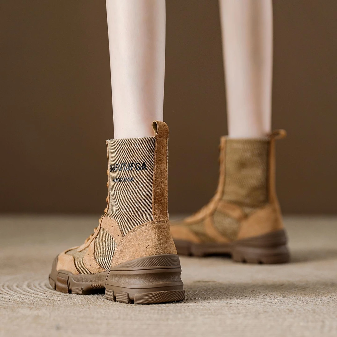 厚底中筒复古帆布马丁靴女2025新款女鞋棕色系带短靴显瘦春秋单靴