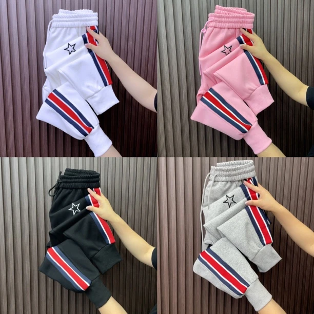 8835春款休闲女裤拼色条刺绣松紧减龄显瘦2025百搭哈伦时尚欧韩洋