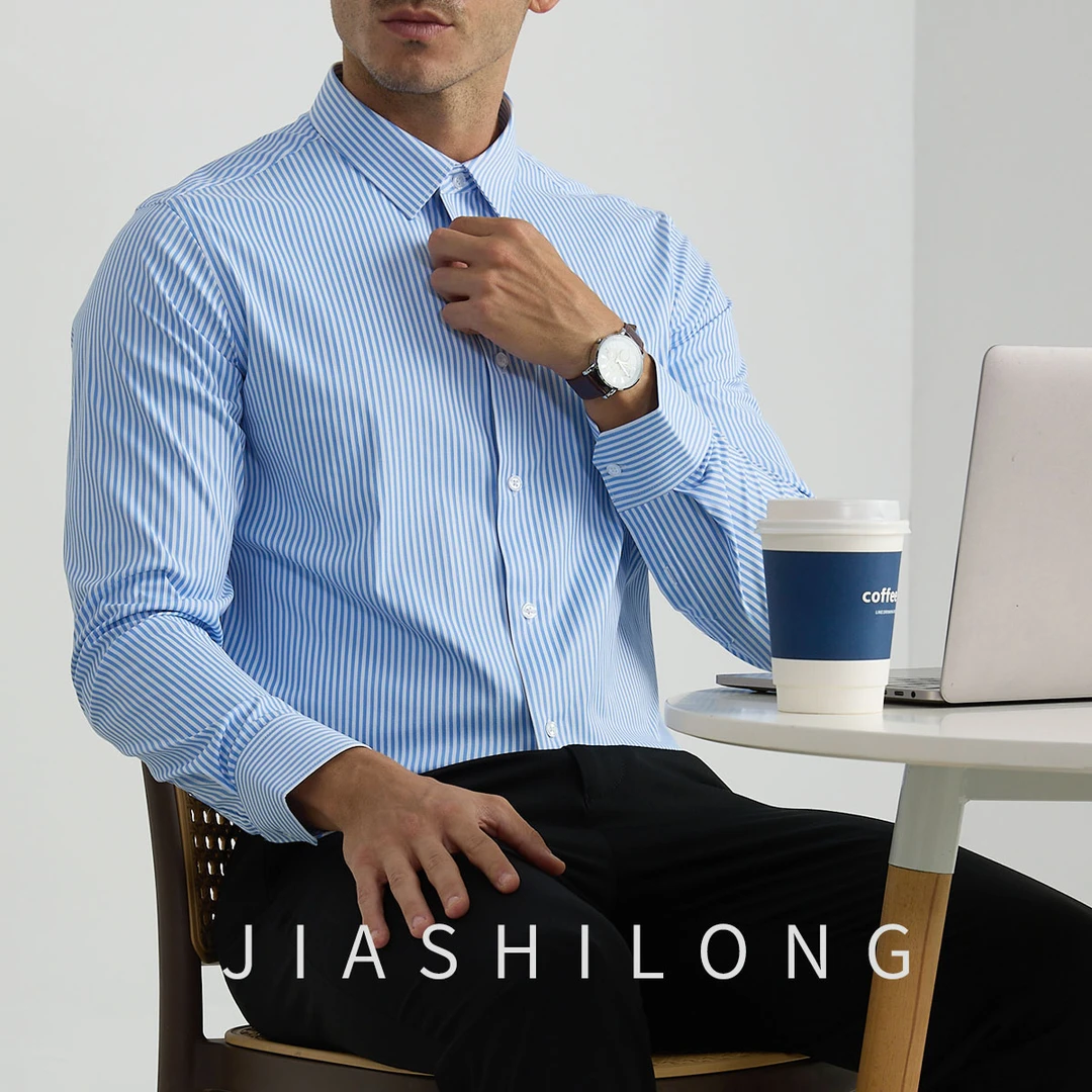 JIASHILONG秋季男士正装衬衫长袖条纹抗皱免烫衬衣休闲男士衬衫