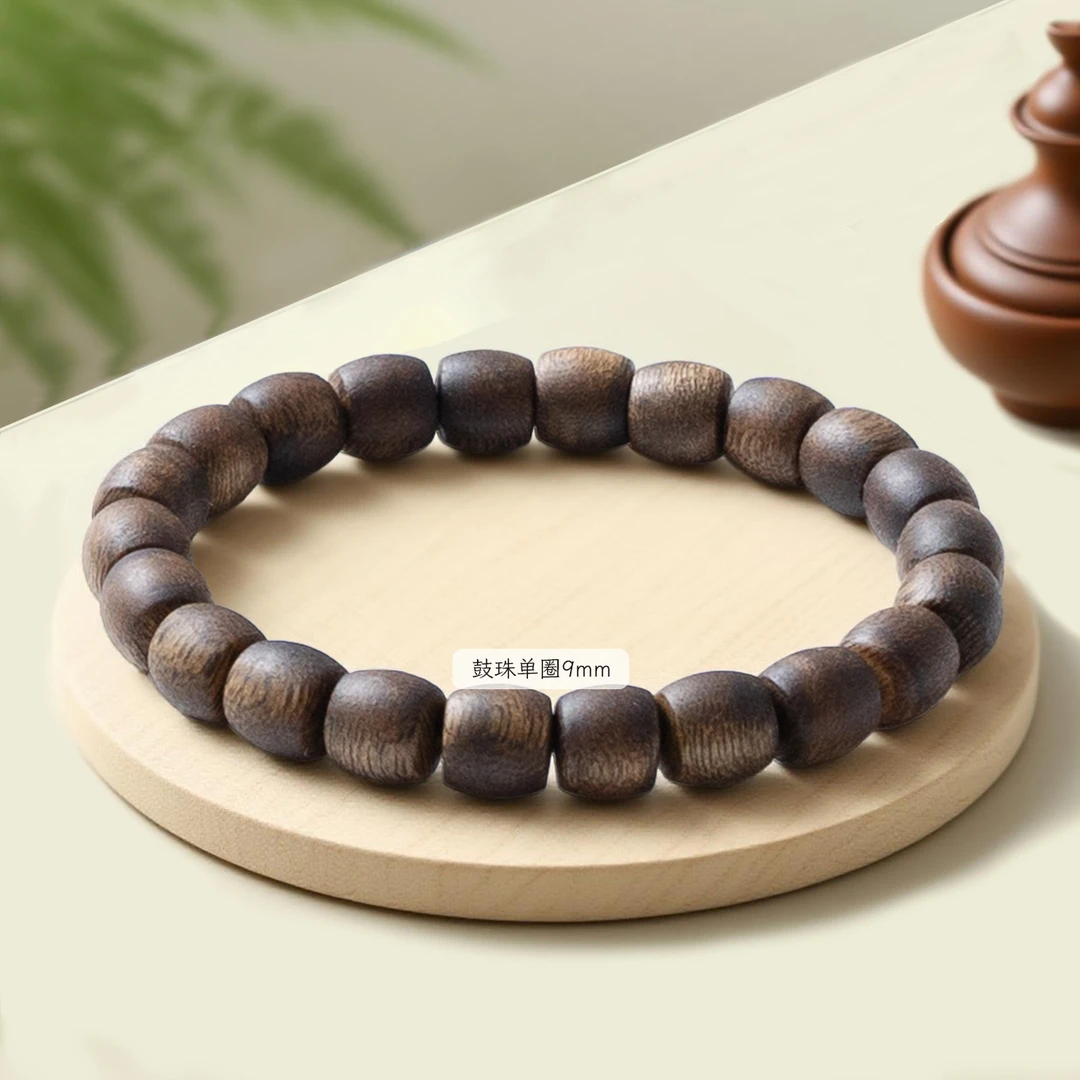 沉香海南莺歌绿奇楠鼓珠单圈手串9mm多样性发一
