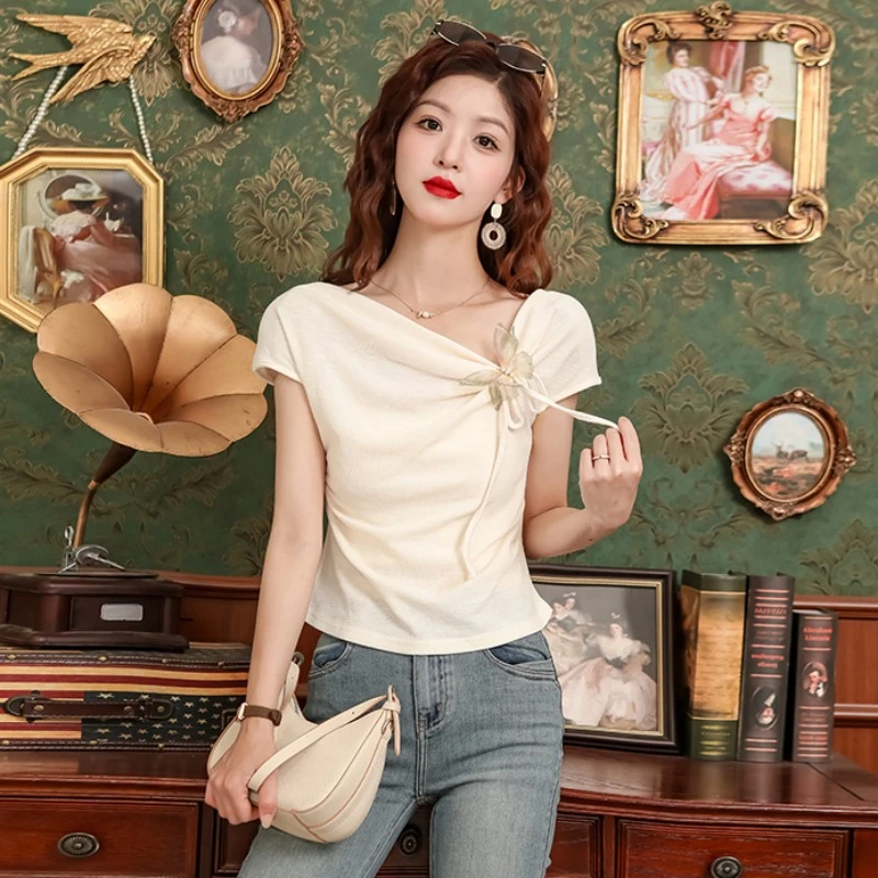 2025夏季新款麻T恤不规则领口洋气减龄修身上衣女短袖