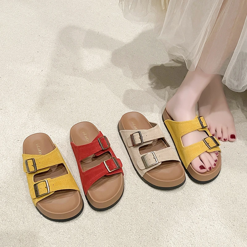 2025夏季新款平底一字拖方扣厚底外穿凉拖鞋女沙滩勃肯时尚凉拖鞋