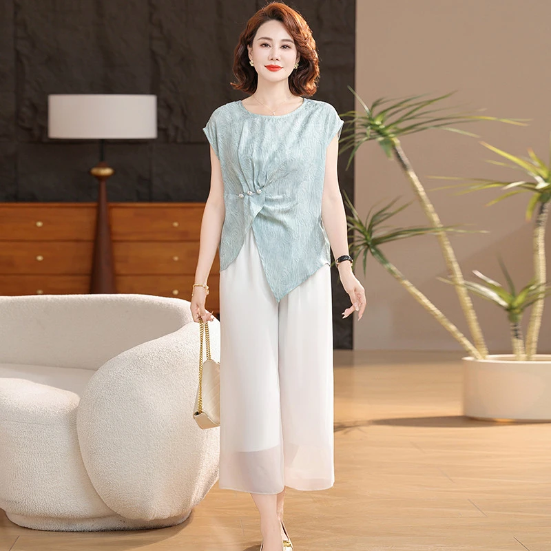 年轻妈妈夏装气质短袖套装中年女士夏季收腰小衫贵夫人上衣两件套
