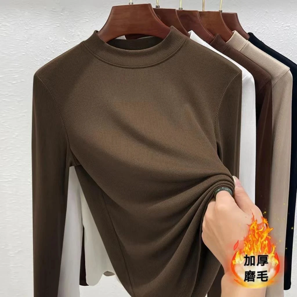 拉夏贝尔莫代尔棉秋冬薄绒磨毛长袖打底衫大码小立领t恤女内搭百