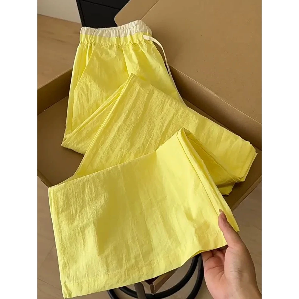 黄色抽绳速干山本裤子女2025新款夏季高腰显瘦宽松休闲直筒阔腿裤