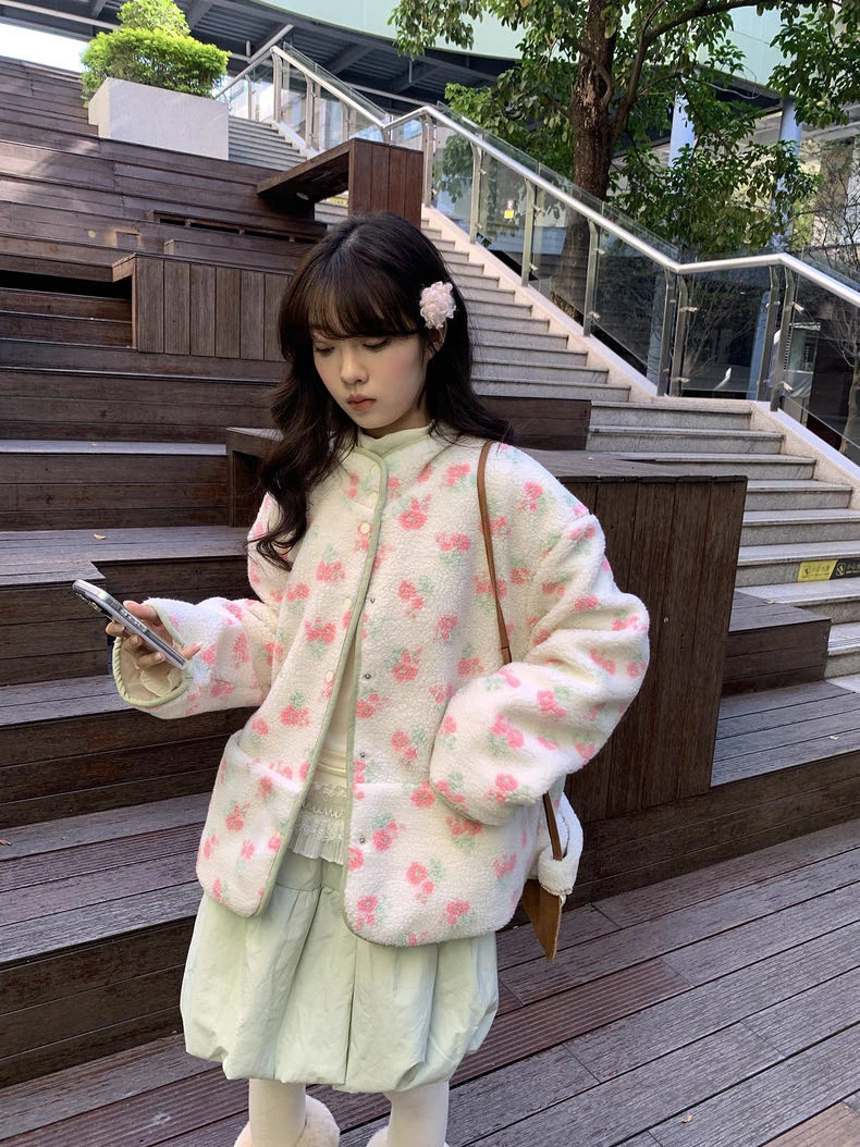 YD-韩系！OU甜美风碎花羔毛外套25秋冬新款宽松版开衫外套女