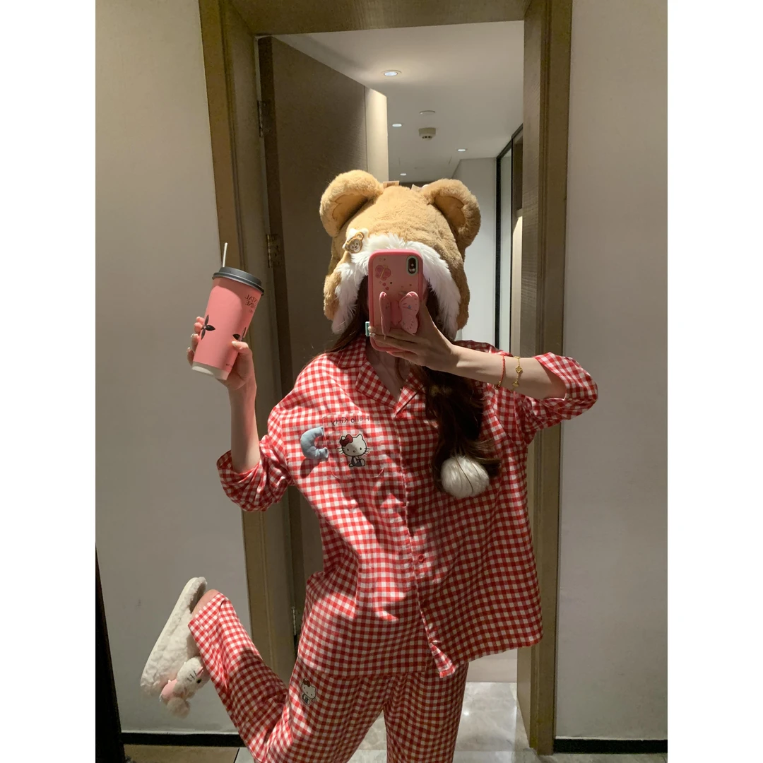 韩版卡通kt猫咪印花甜美少女睡衣套装春秋新款长袖长裤休闲家居服