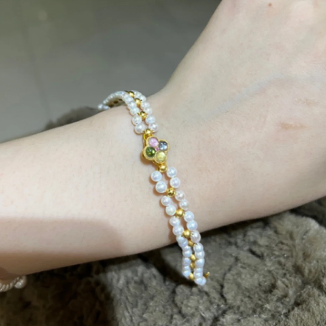 原创| 四叶草碧玺编织淡水珍珠手链小米珠百搭款双排时尚气质款