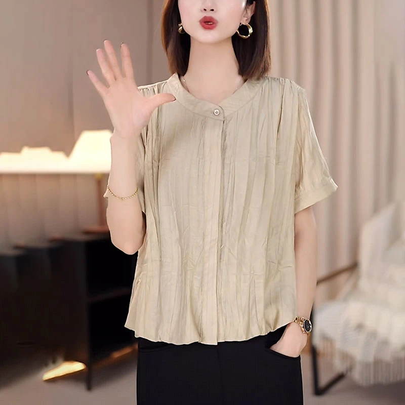 亚麻休闲衬衫女夏季2025宽松型显瘦时尚减龄遮肚子高级感短袖上衣