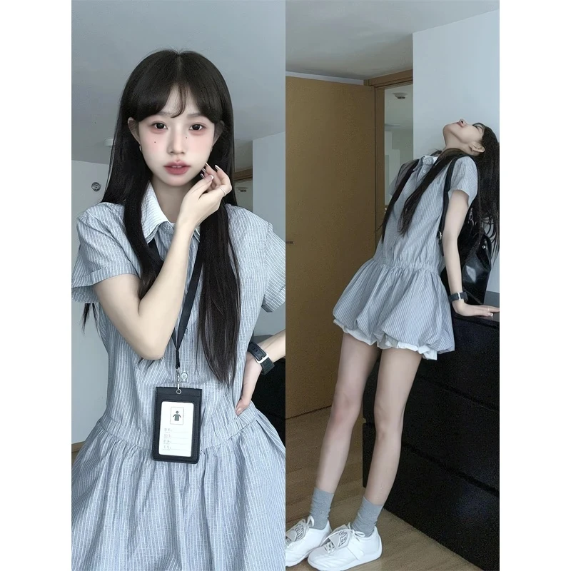 法式polo领条纹衬衫连衣裙子女夏季2025新款小个子学院风收腰短裙