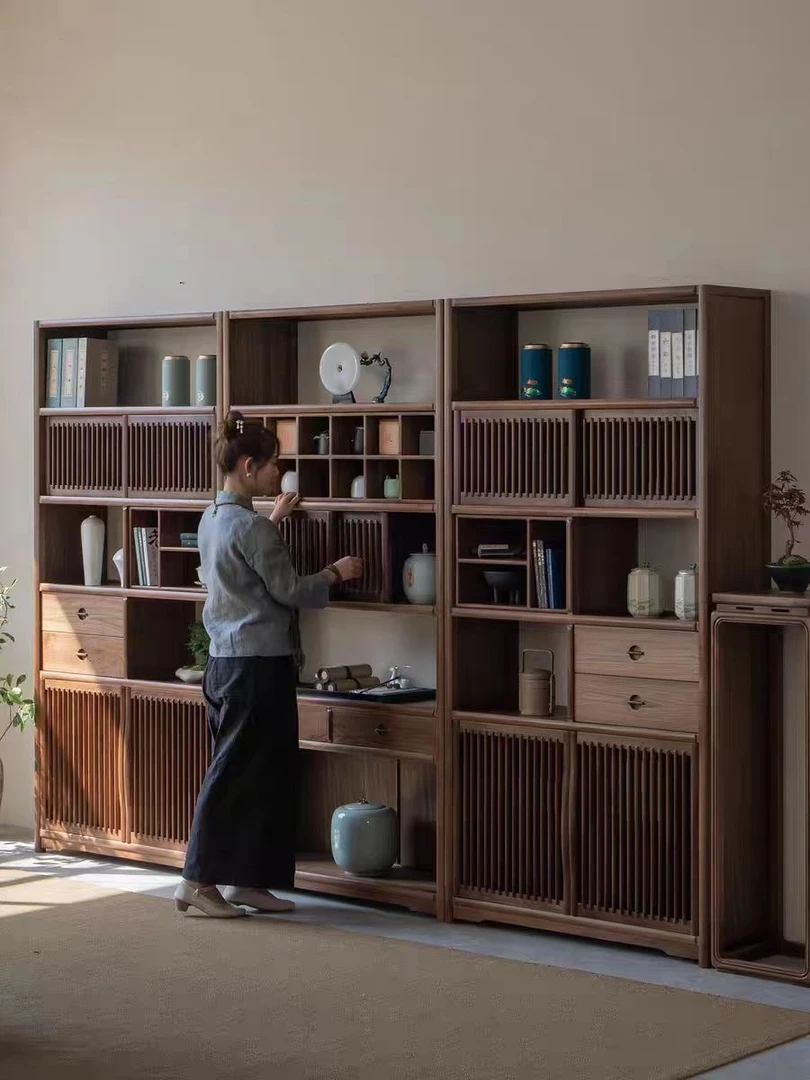 新中式实木博古架黑胡桃色老榆木书柜展示柜多宝阁书架茶室置物架