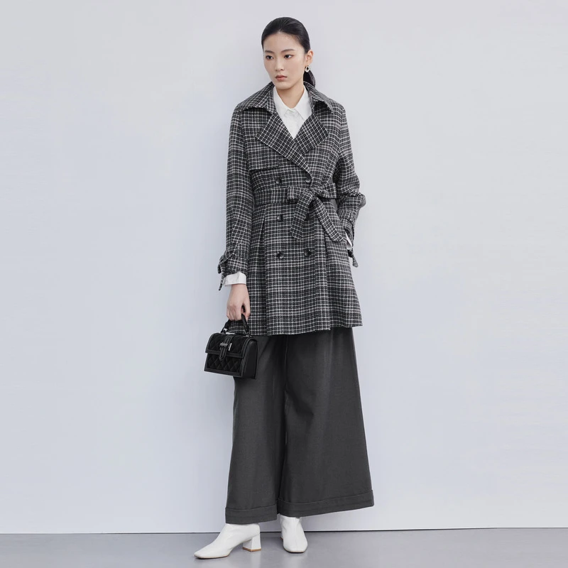 S·DEER圣迪奥女装时尚气质显瘦翻领收腰格纹毛呢大衣S224Z2505