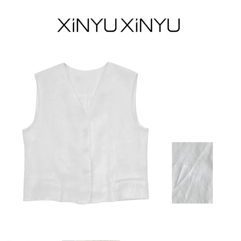XINYU/芯与『羊脂冰露』100亚麻V领时尚气质百搭无袖马甲 23443