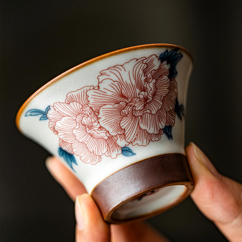 颜瓷汝窑芙蓉花沐言杯小个锥形杯中式复古中国风陶瓷茶杯主人杯