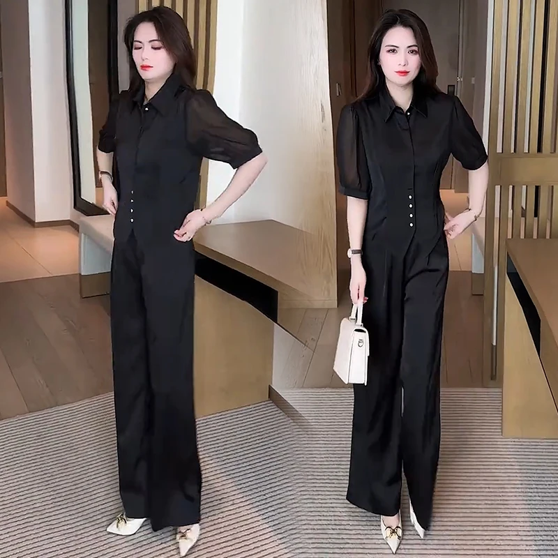 雪纺时尚套装女2025夏季新款洋气质时髦显瘦短袖衬衫阔腿裤两件套