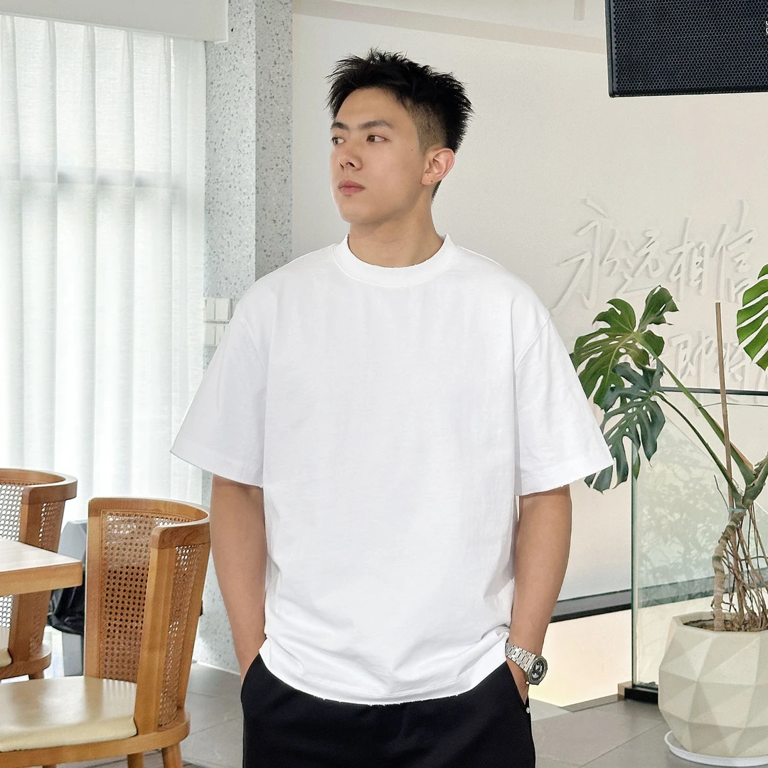cleanfit重磅夏季男款白色圆领T恤上衣破洞洗水边百搭宽松短袖