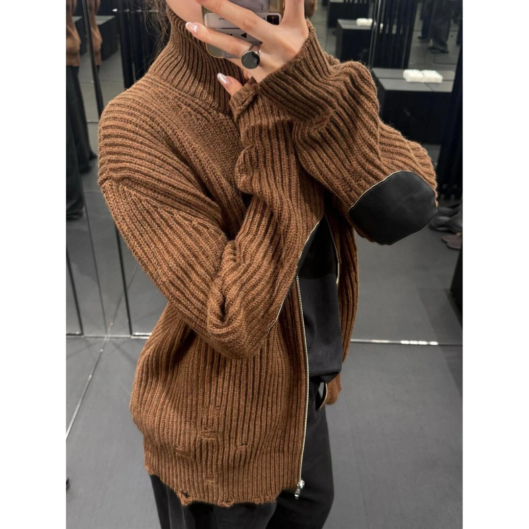 DAW STUDIO.破洞补丁复古针织拉链立领毛衣开衫