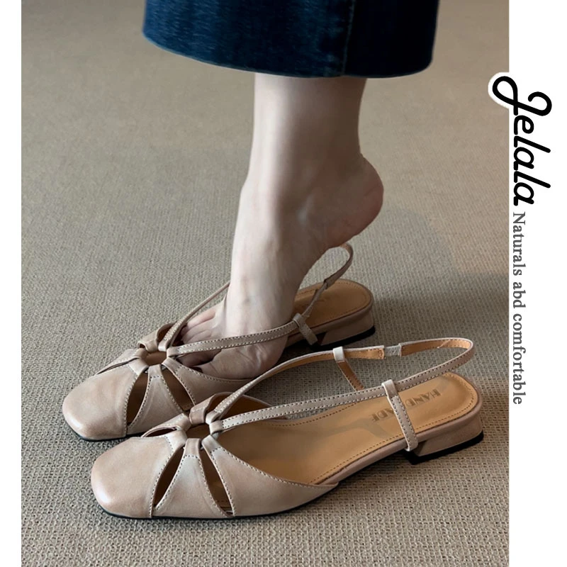 JELALA·复古风真皮方头凉拖女夏外穿仙女风时尚百搭凉鞋D78