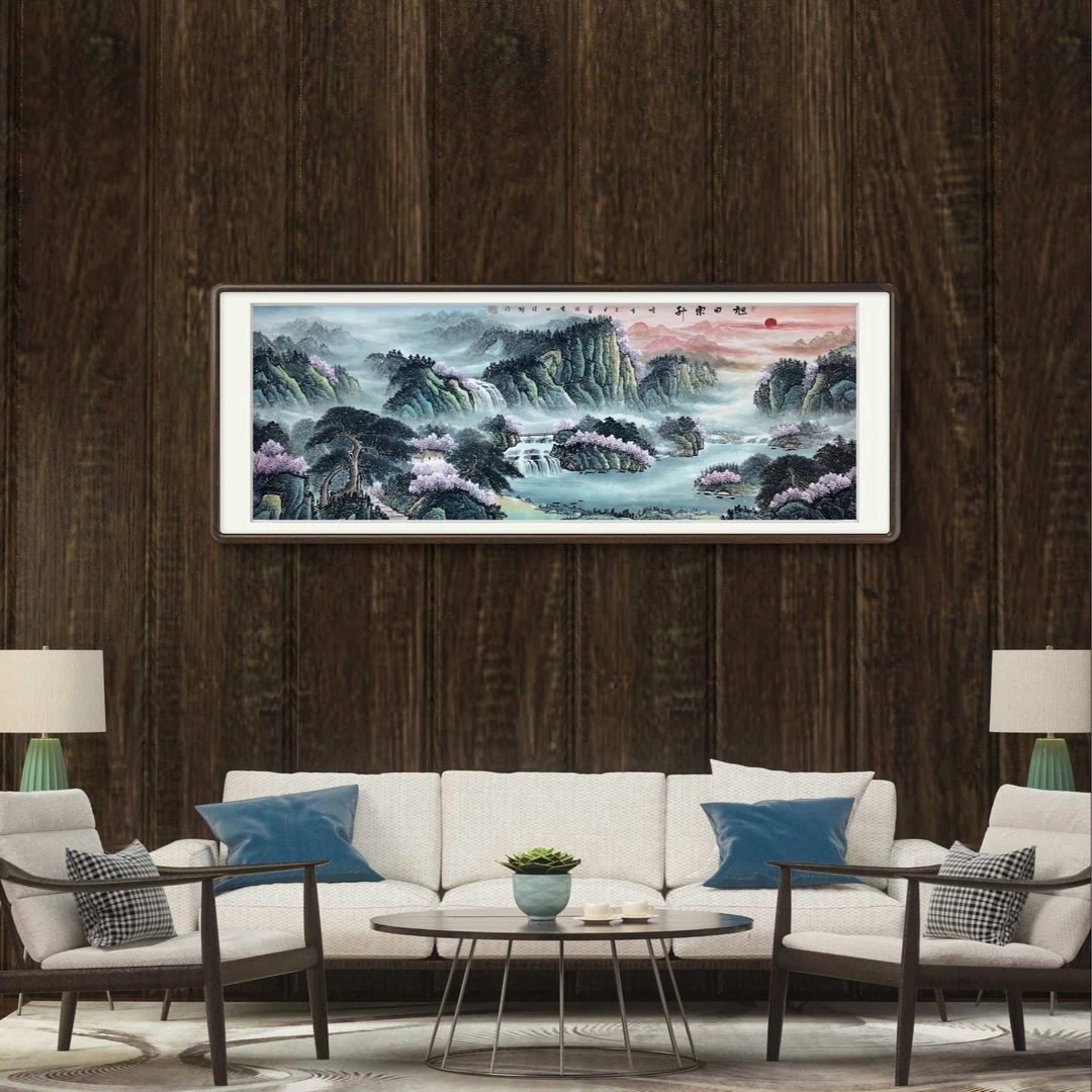 《旭日东升》纯手绘国画山水画办公室沙发背景墙挂画带装裱210*80