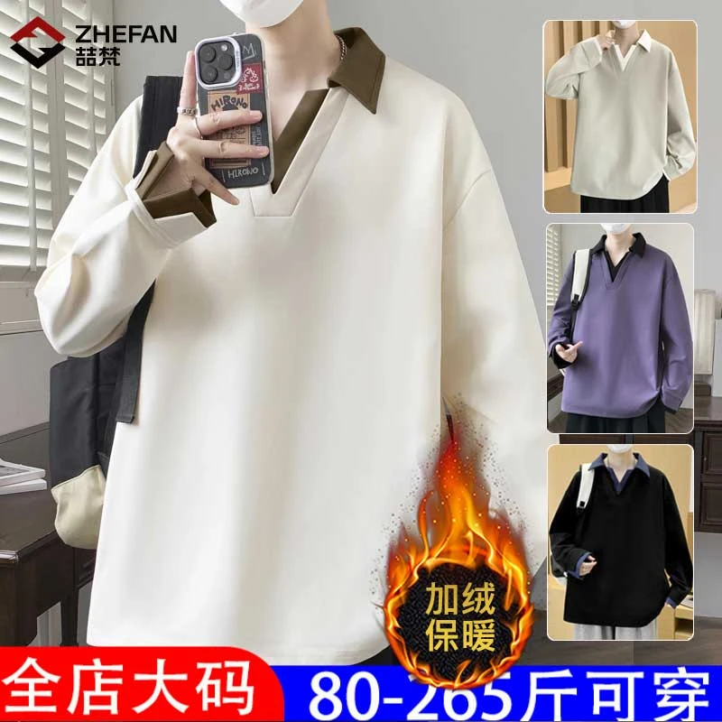 喆梵春秋新款港风翻领假两件卫衣青少年宽松显瘦休闲百搭上衣大码