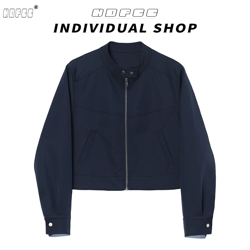 藏青色短款立领外套女春秋季新款美式复古休闲百搭短款夹克机车潮