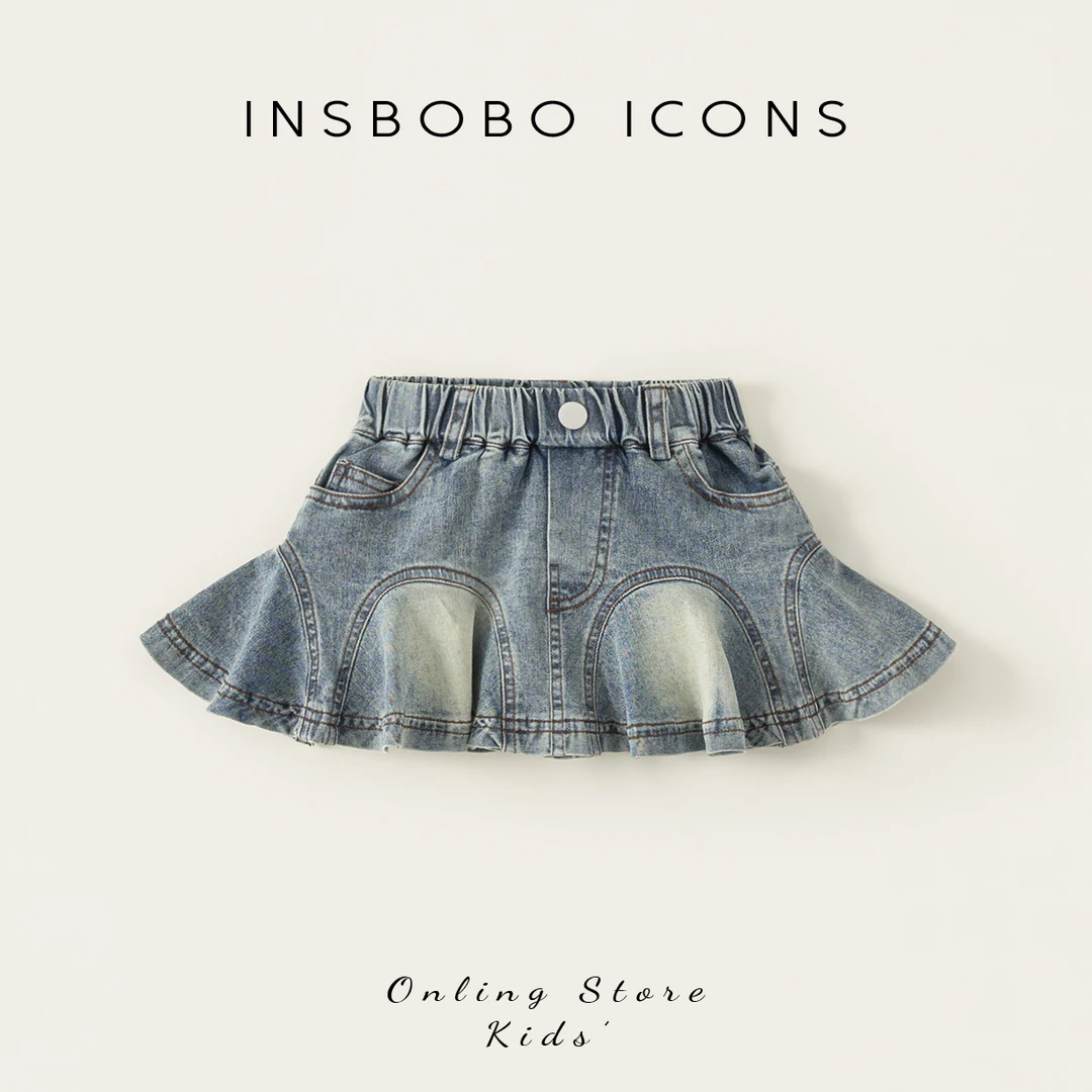 INSbobo女童牛仔裙夏季洋气时尚百搭松紧腰花瓣型牛仔短裙XQ57231