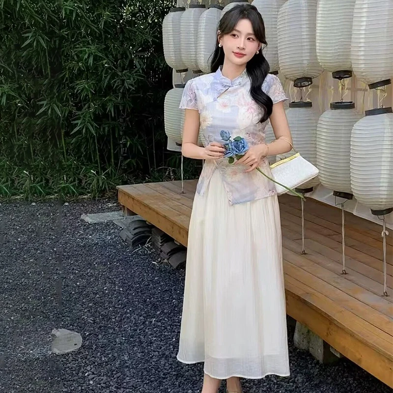 碎花改良旗袍连衣裙女2025夏季新款修身显瘦新中式国风假两件裙子