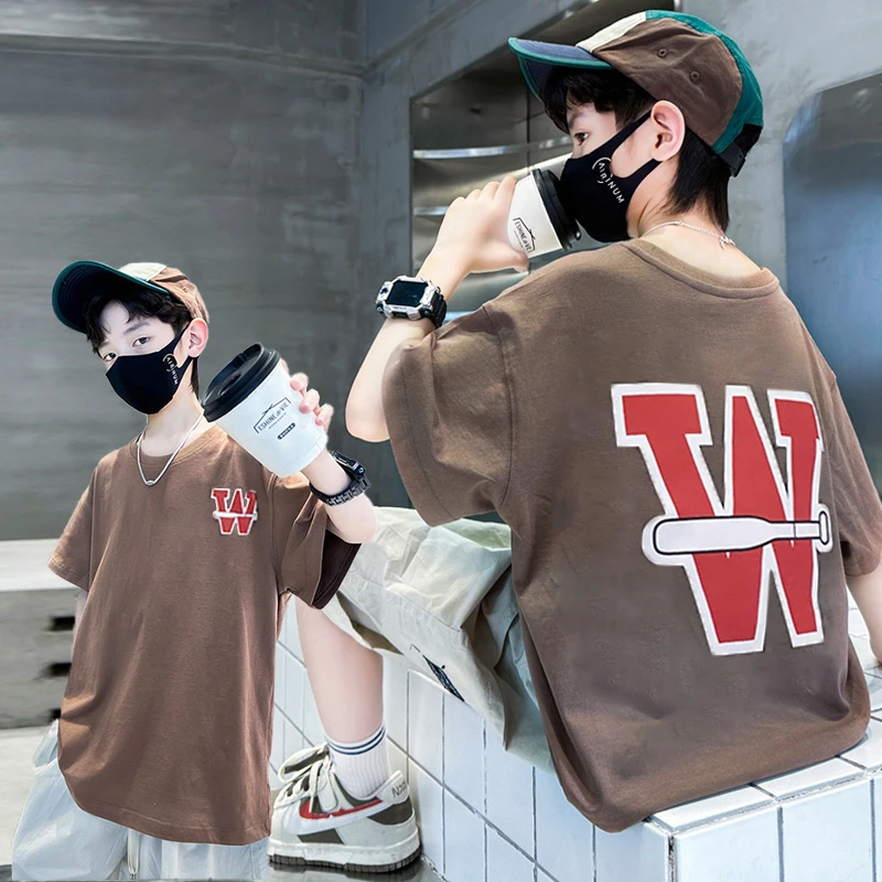 男童夏季潮牌短袖纯棉t恤2025新款儿童男孩夏装黑色半袖嘻哈上衣