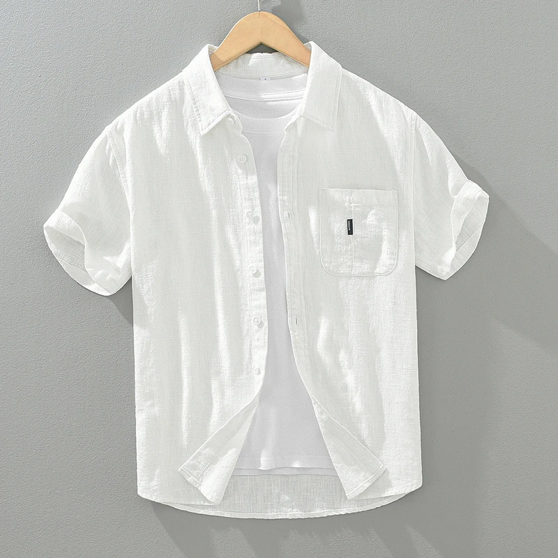 法国Cebrodz夏季棉麻料短袖衬衫男文艺休闲亚麻衬衣苎麻布寸衣服