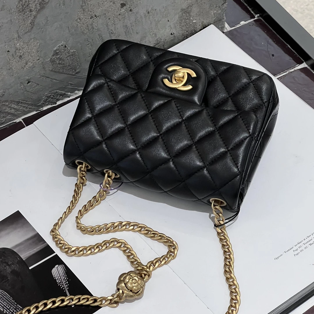 99新 Chanel/香奈儿 8538 黑金山茶花金球方胖子单肩斜挎包芯片款