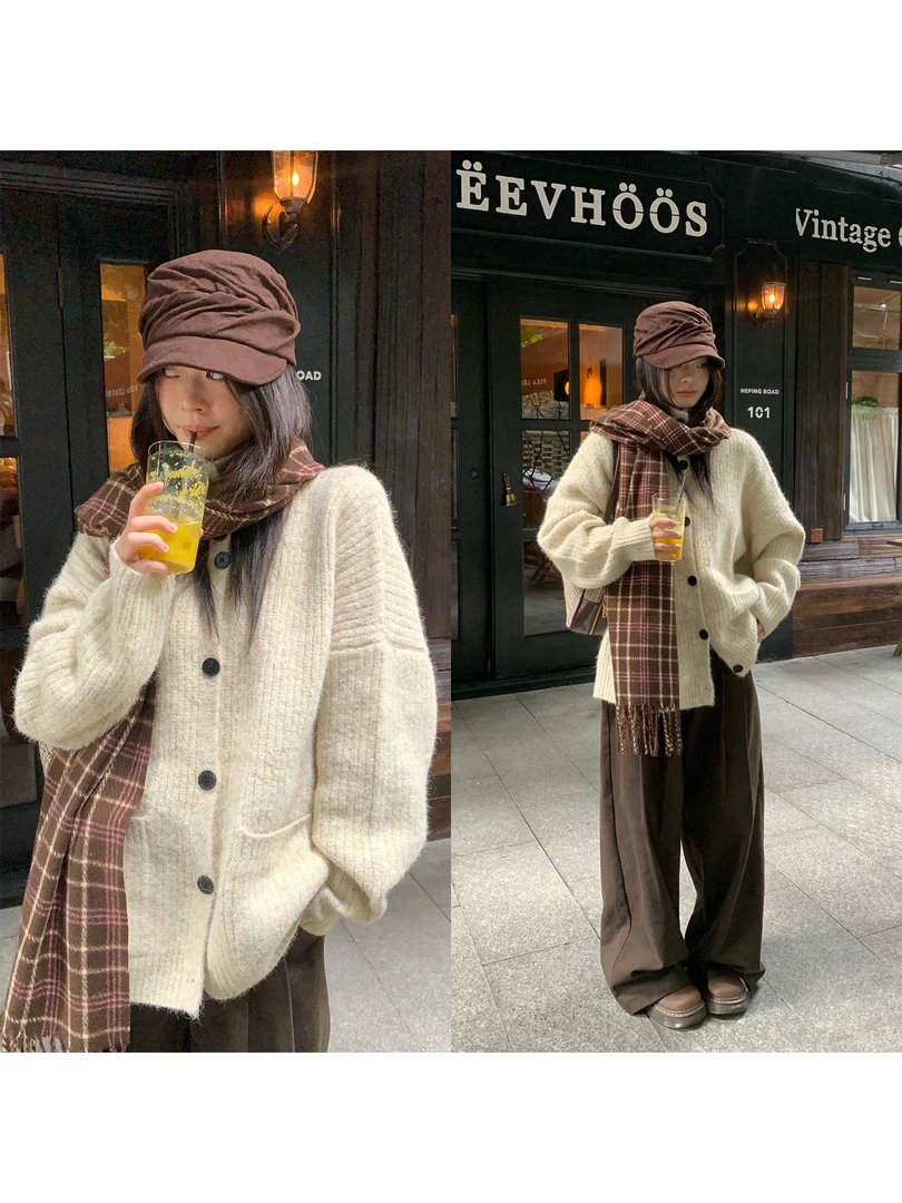 韩系慵懒风高领毛衣外套女秋冬季2025新款高级感宽松针织开衫上衣