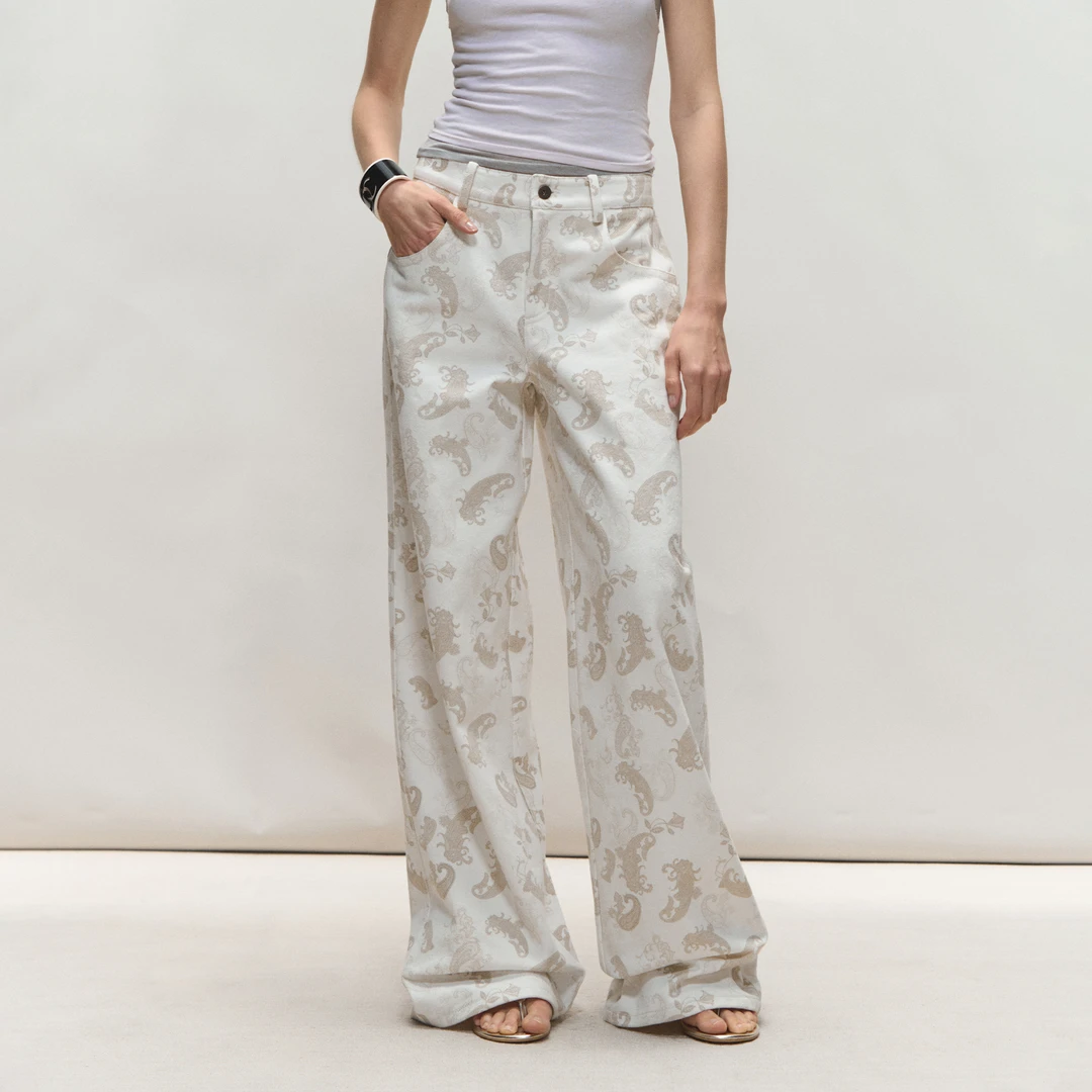 PRRP原创腰果花印花水洗直筒牛仔裤阔腿长裤