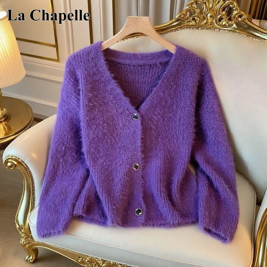 拉夏贝尔高级感气质V领加厚针织开衫女秋冬季宽松慵懒风毛衣外套