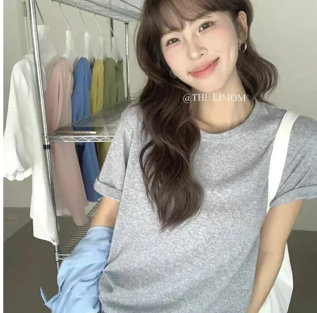 欧货宽松U领短袖T恤女2025夏季新款冰爽雪花棉大码卷边袖半袖上衣