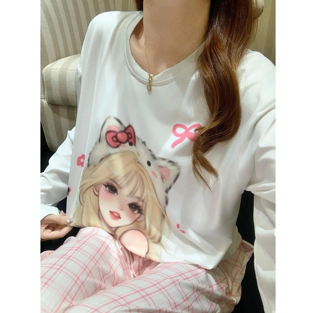 FAVMARTHAHelloKitty卡通少女睡衣女春秋款纯棉长袖夏季可外穿带