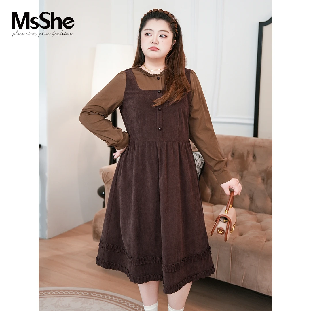 MsShe大码女装2025新款秋装假两件欧棉绒中长连衣裙D~F2509023