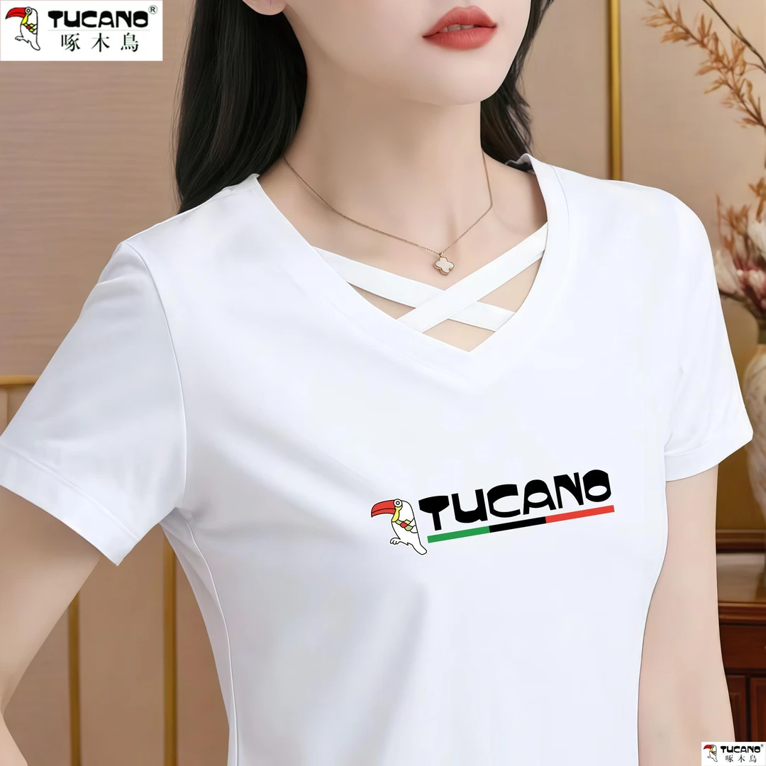 啄木鸟2025年新款镂空V领薄款短袖T恤女装夏季正品高端纯棉显瘦体