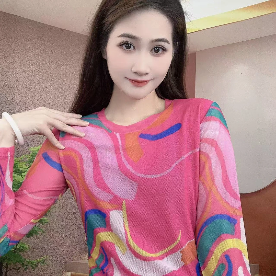 2025夏季新款长袖圆领肌肤纱时尚显瘦印花T恤上衣A364