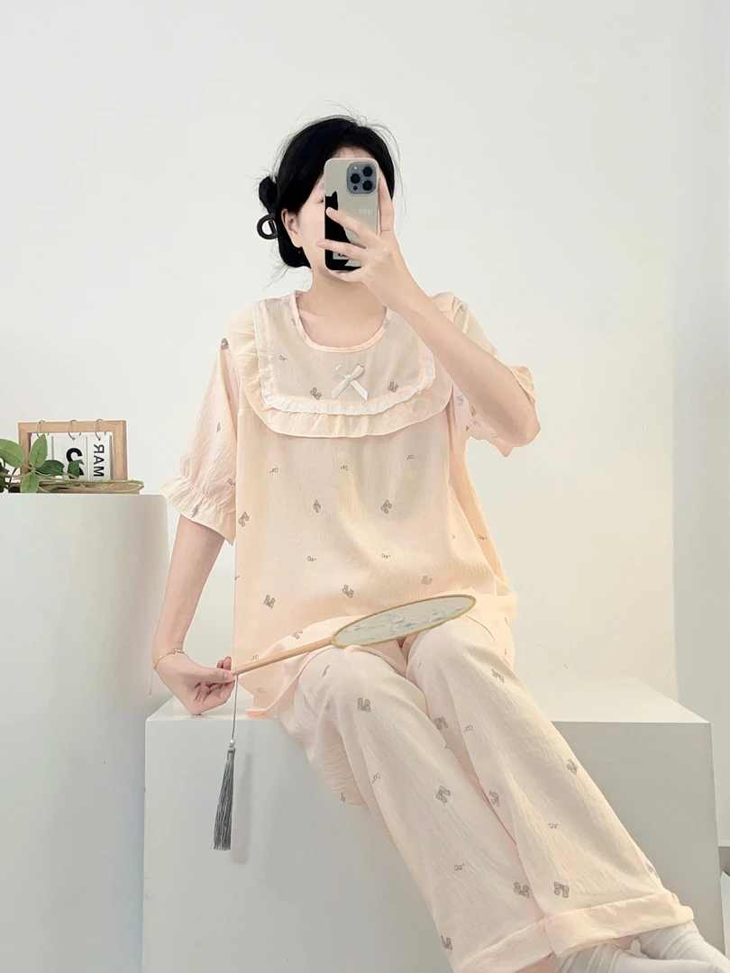 春秋夏季睡衣女云朵棉短袖长裤韩版甜美ins风薄款家居服套装可外
