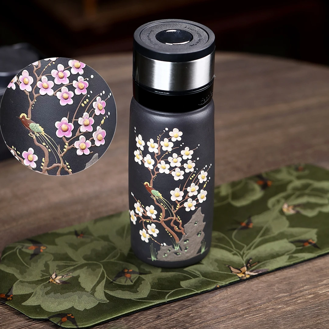 宜兴紫砂原矿石黄喜太湖石梅花。双层防烫。双开变色保温杯便携水杯