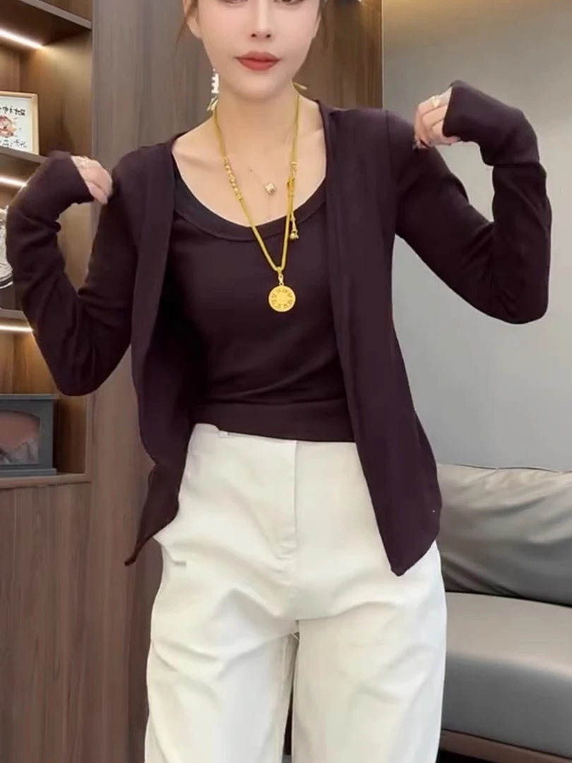 网红2025早秋假两件套设计感纯色长袖女宽松显瘦气质减龄打底上衣