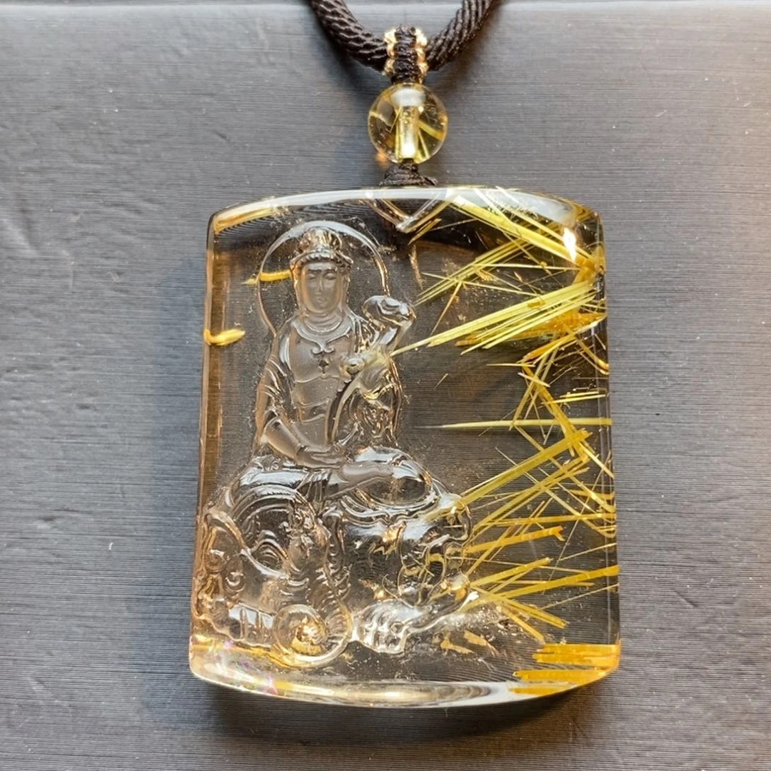 颈饰未镶嵌发晶天然白体黄钛晶普贤菩萨生肖龙蛇守护神无事牌