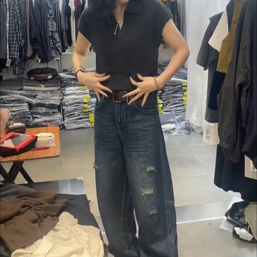 新款高腰显瘦上衣搭破洞牛仔裤复古百搭女装