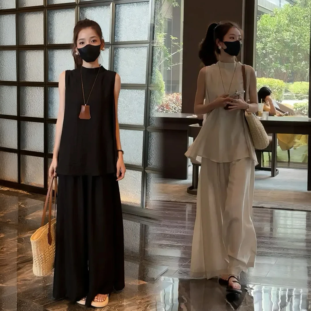 2025夏装洋气百搭显瘦气质无袖上衣加松紧腰阔腿裤时尚套装夏季